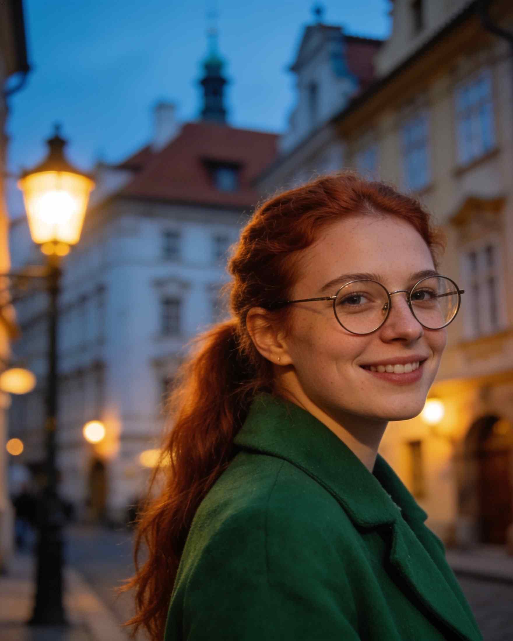 Eliška Dvořáková in a green coat and round glasses under a lit street lamp at blue hour
