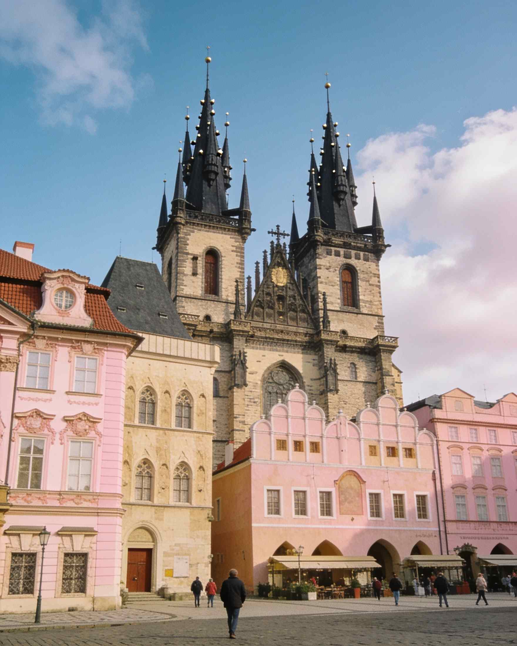 The two dark spires of Týn Church rising above the pastel houses of Old Town Square