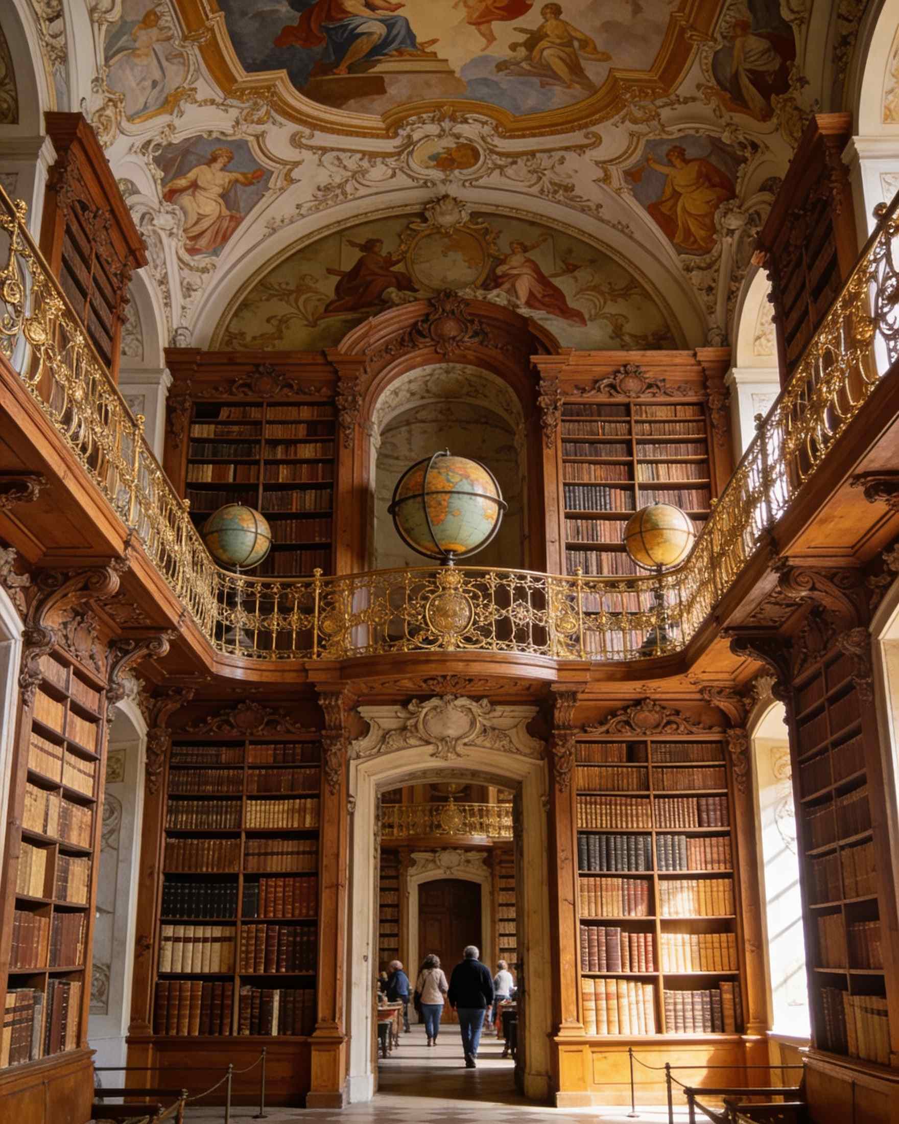 The baroque library hall of the Klementinum with carved bookcases, a gilded gallery, painted ceilings and globes