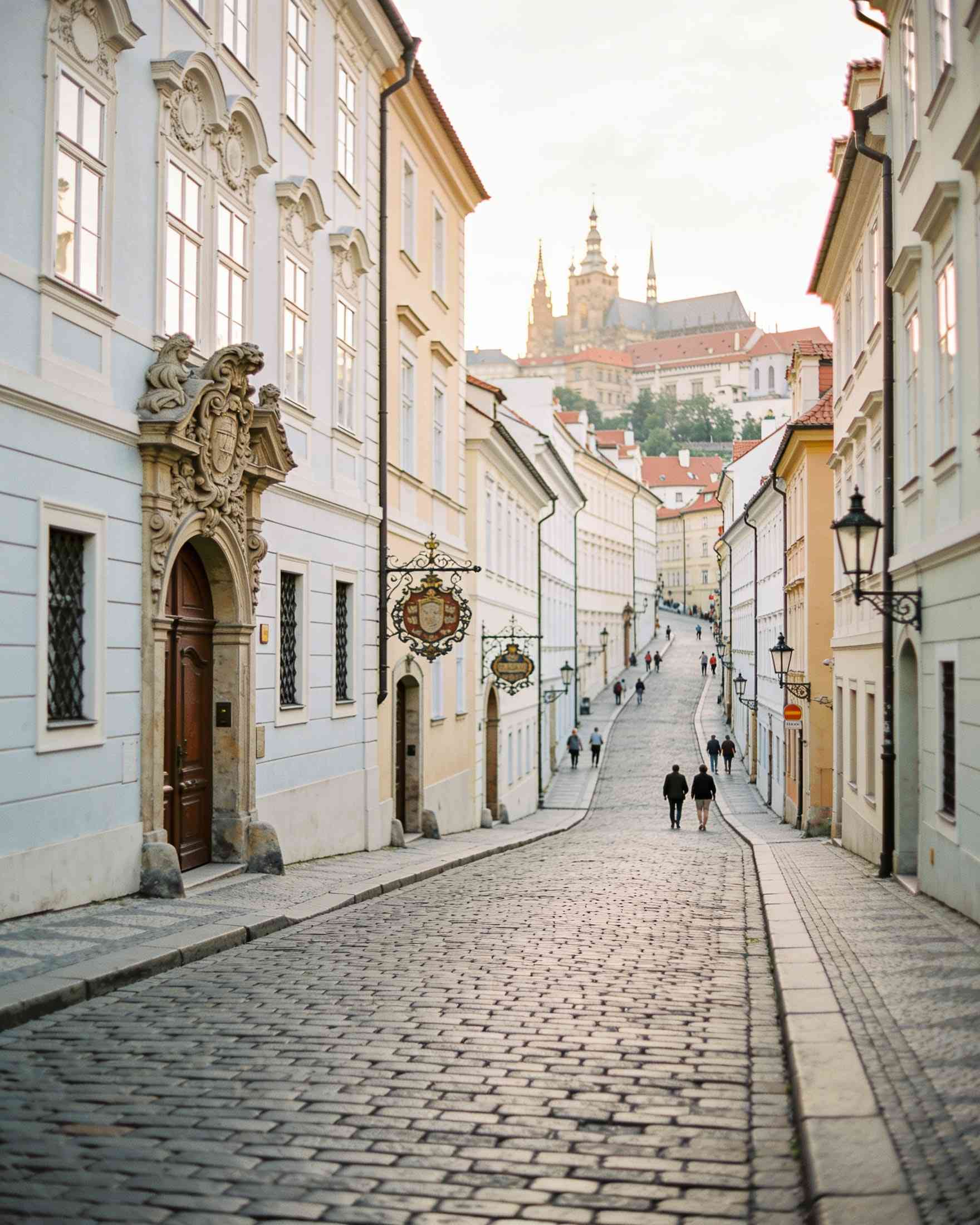 Nerudova Street climbing towards the castle between pastel baroque houses with carved house signs