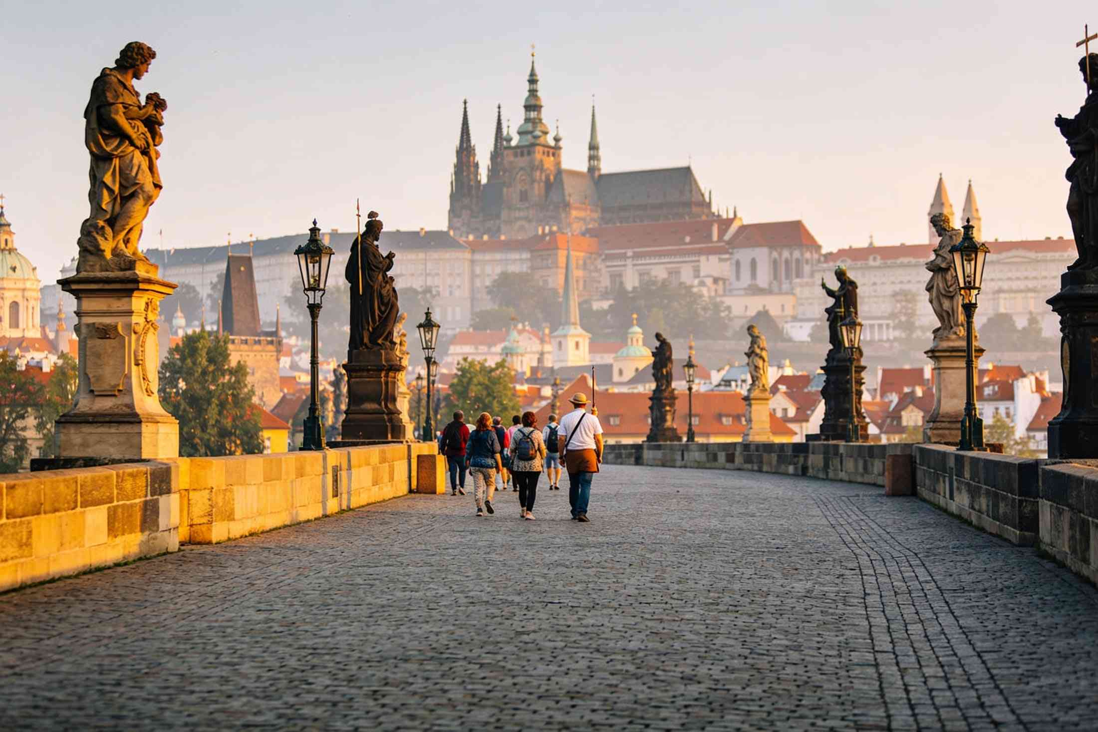 A small group of walkers on Charles Bridge in the morning, heading towards Prague Castle on the hill