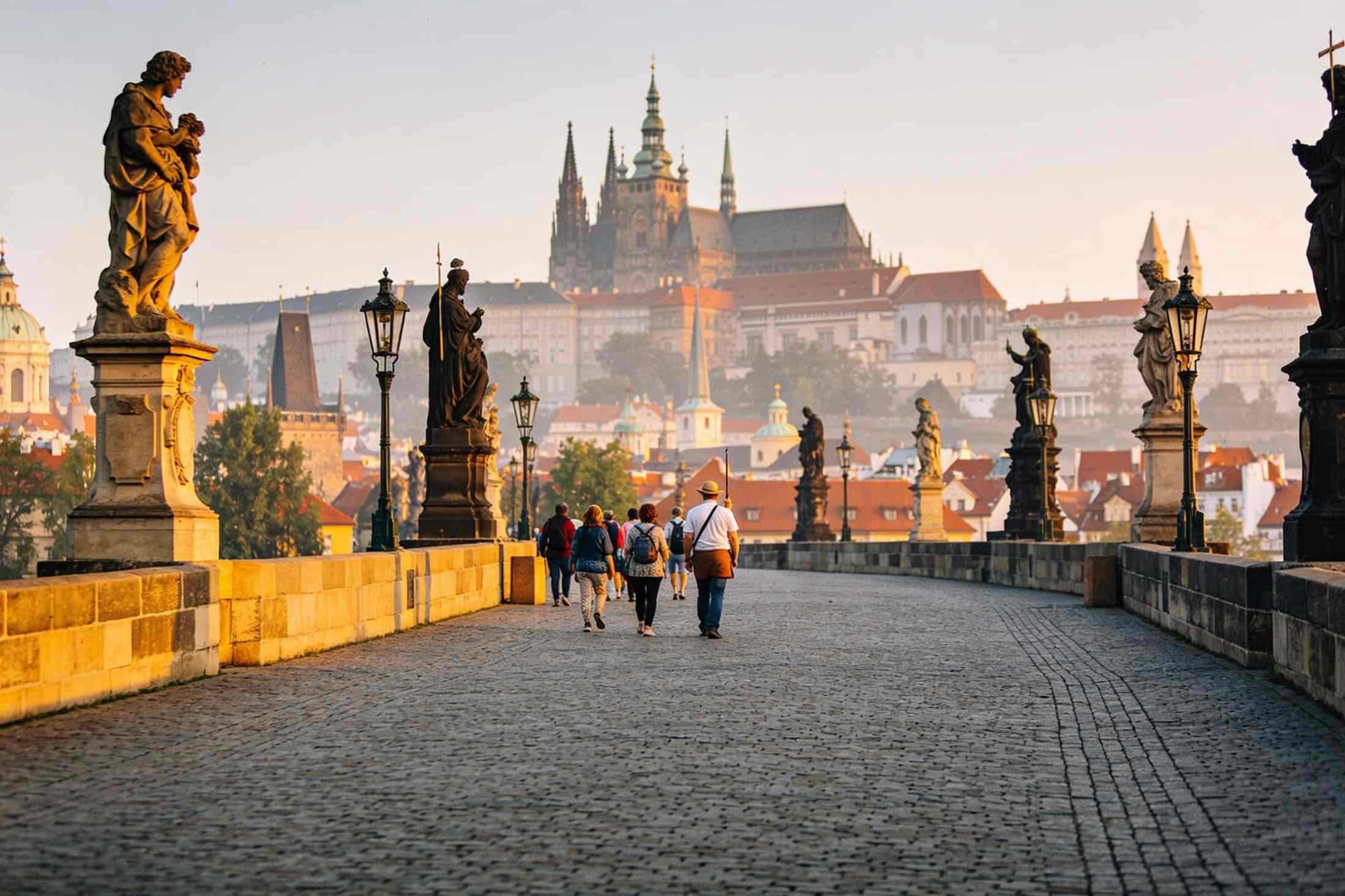 A small group of walkers on Charles Bridge in the morning, heading towards Prague Castle on the hill