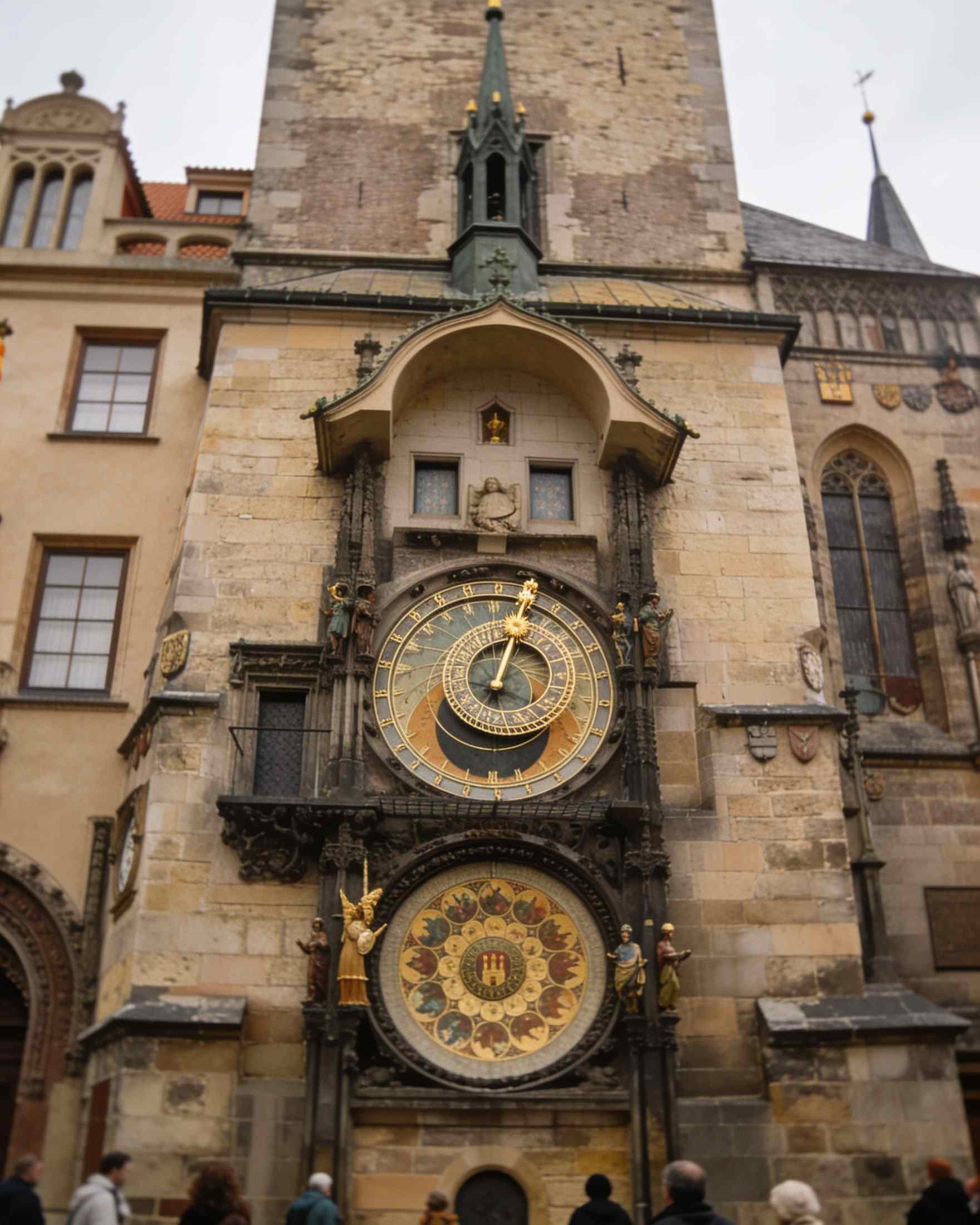 The Astronomical Clock on the Old Town Hall tower, its astronomical dial above the calendar dial