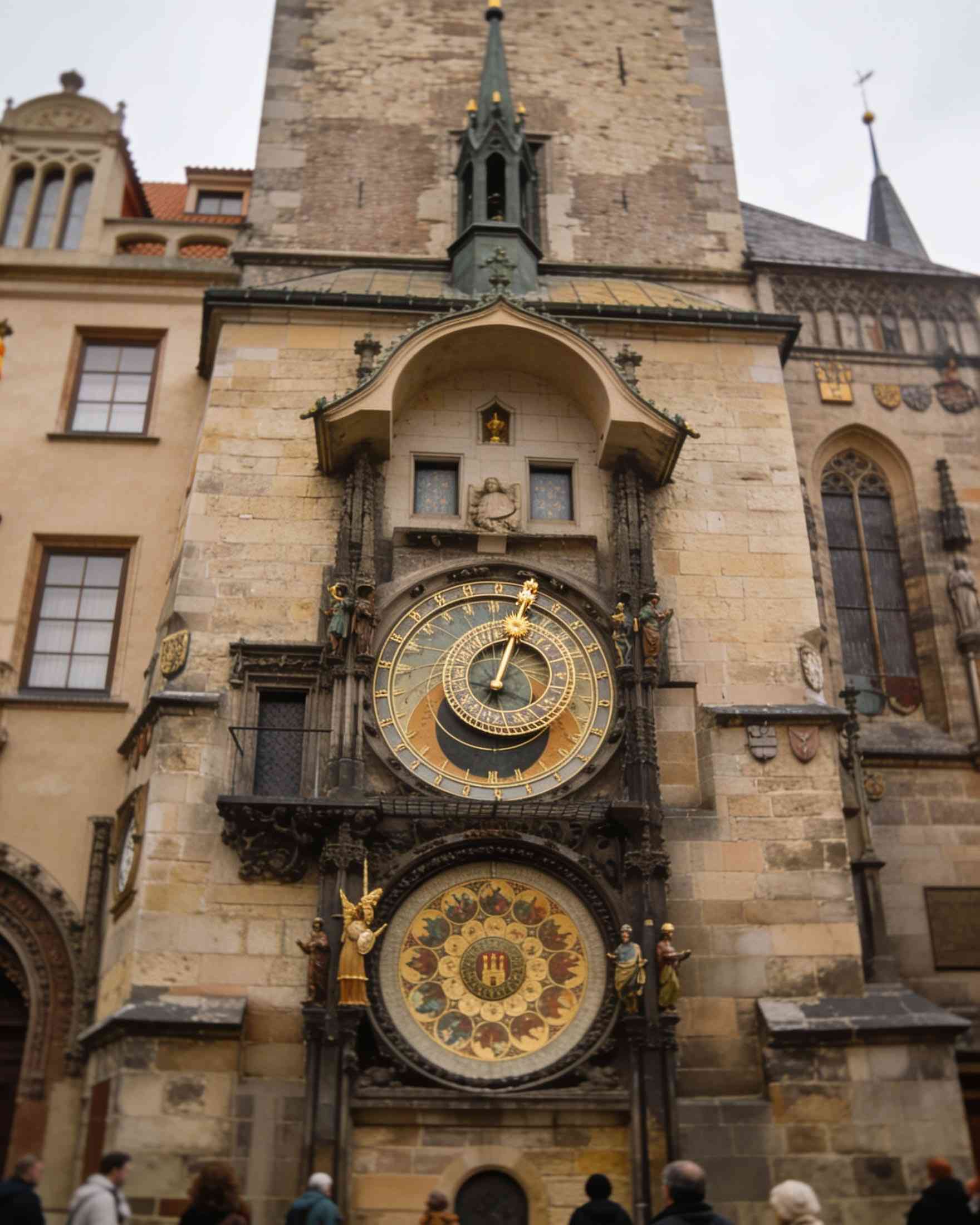 The Astronomical Clock on the Old Town Hall tower, its astronomical dial above the calendar dial