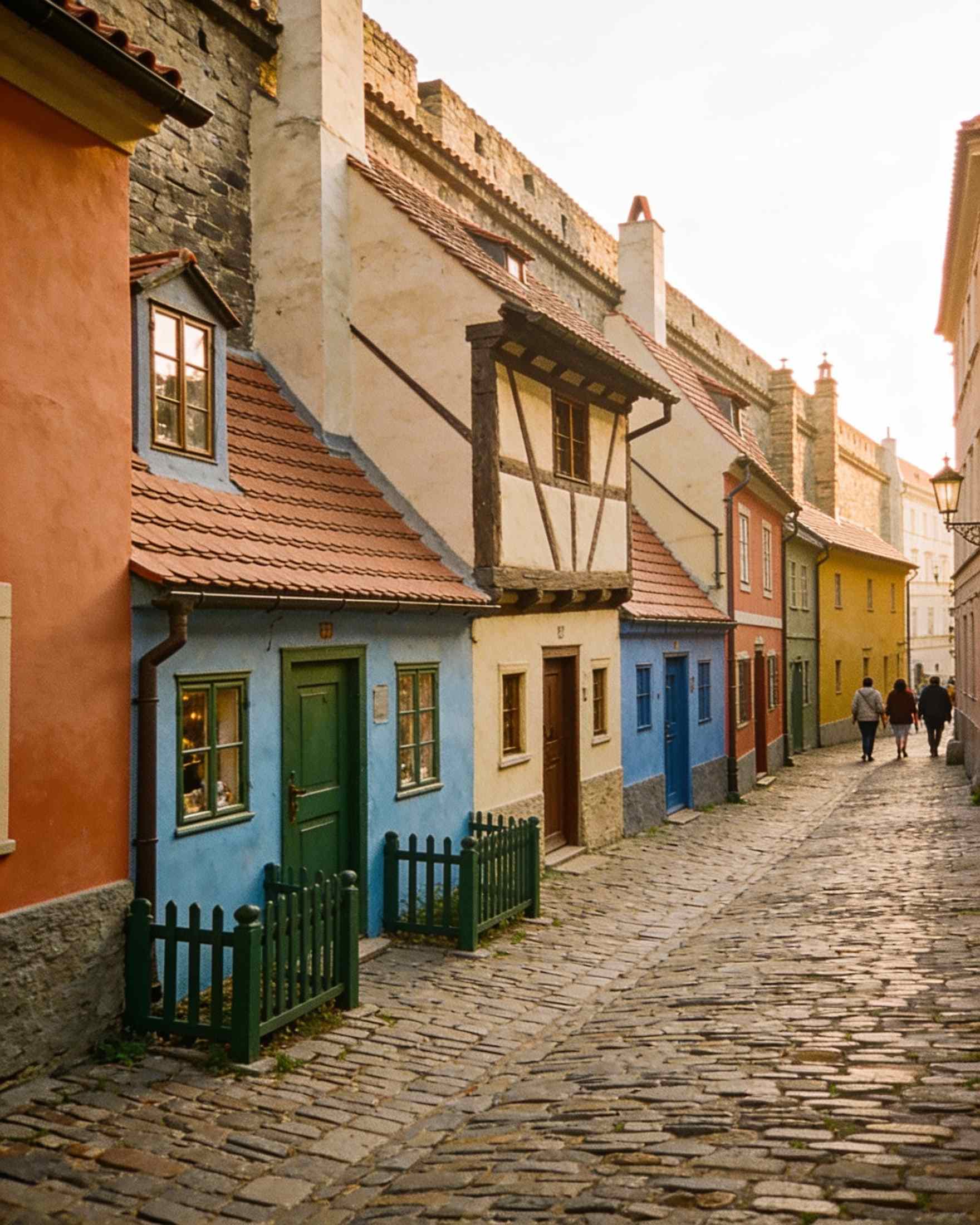 The small colourful houses of Golden Lane along a cobbled lane inside the castle walls