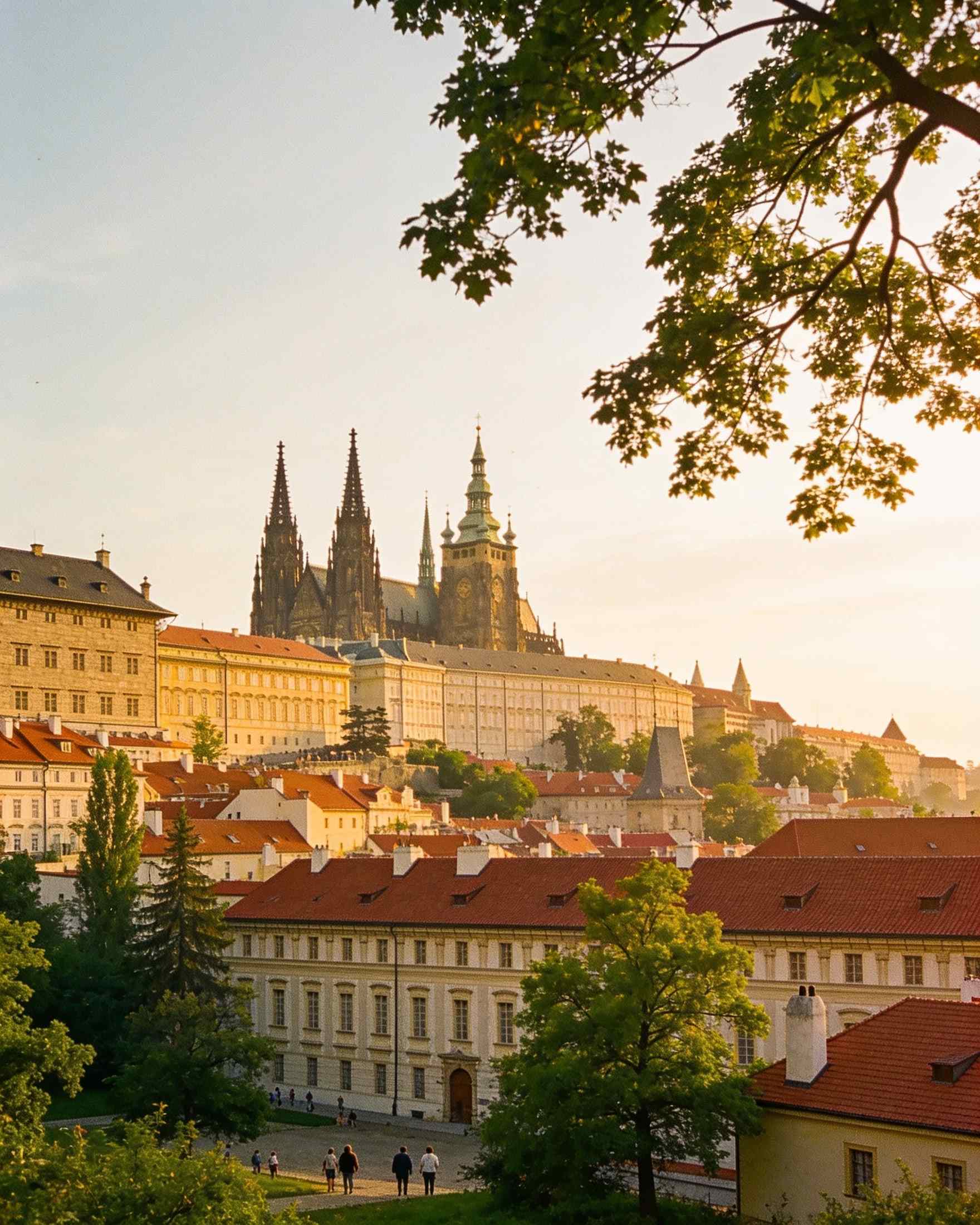 Prague Castle above the red roofs of the Lesser Town, with the spires of St Vitus Cathedral, in warm morning light
