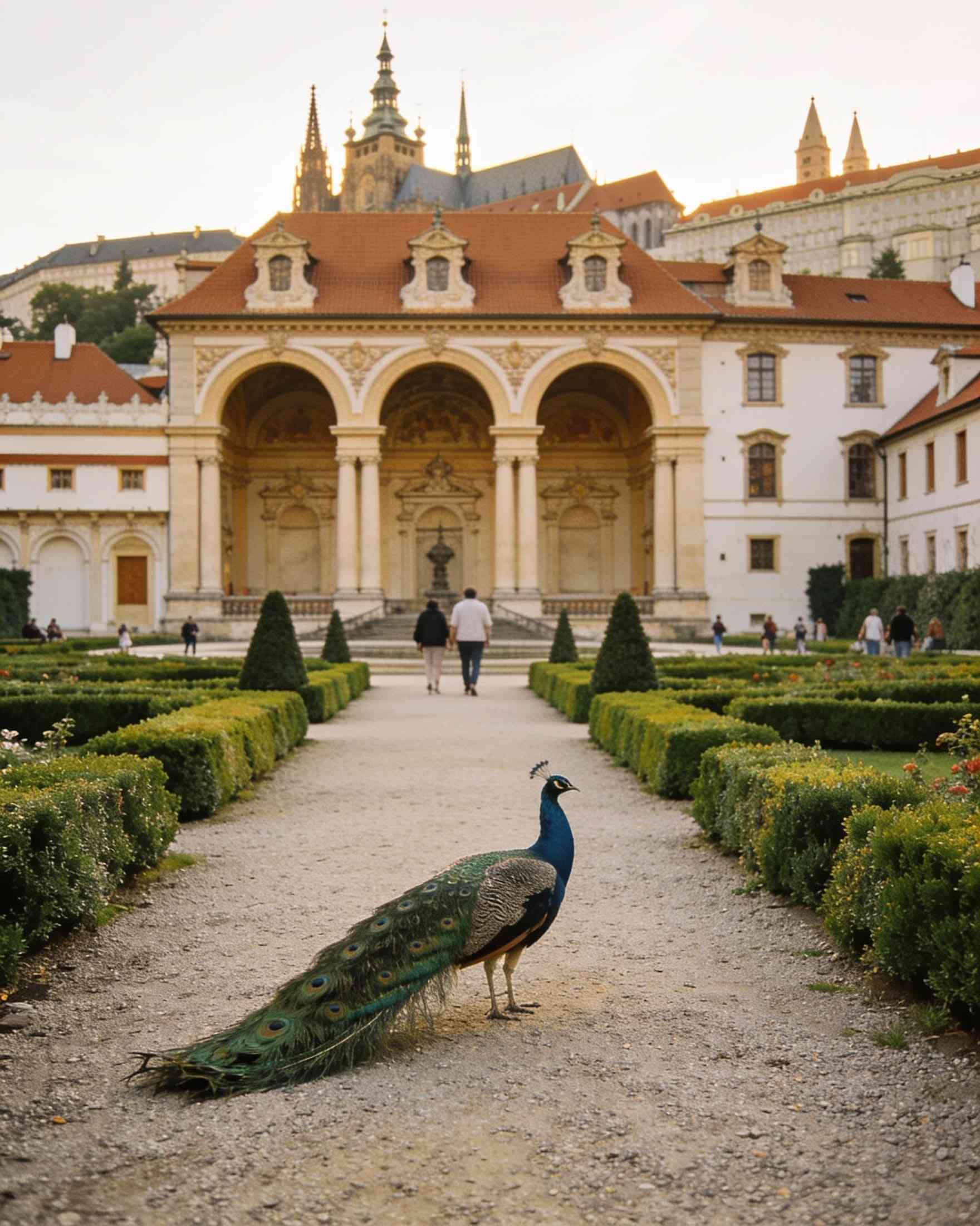 A peacock on the gravel path of the Wallenstein Garden in front of the arched sala terrena, the castle above