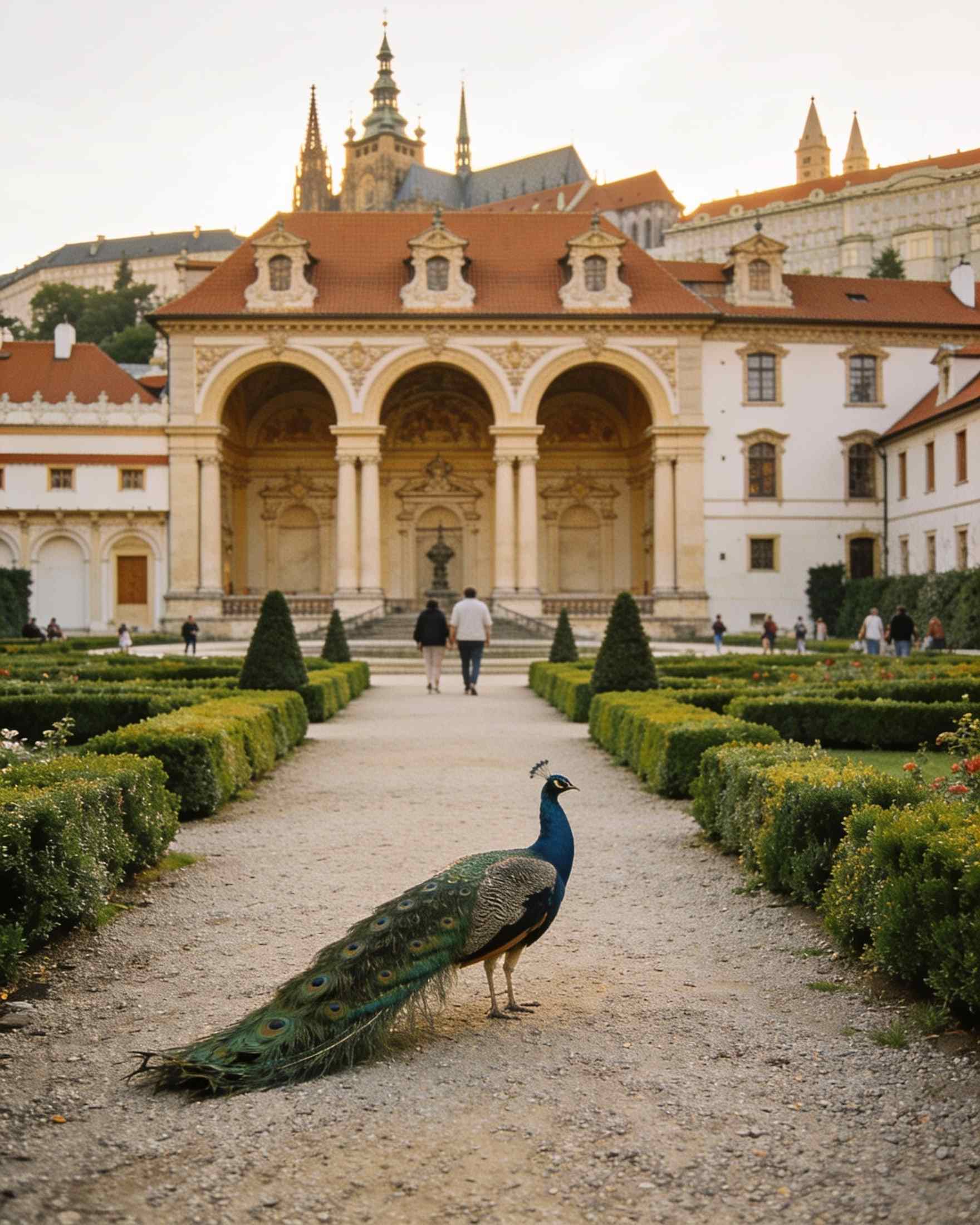 A peacock on the gravel path of the Wallenstein Garden in front of the arched sala terrena, the castle above