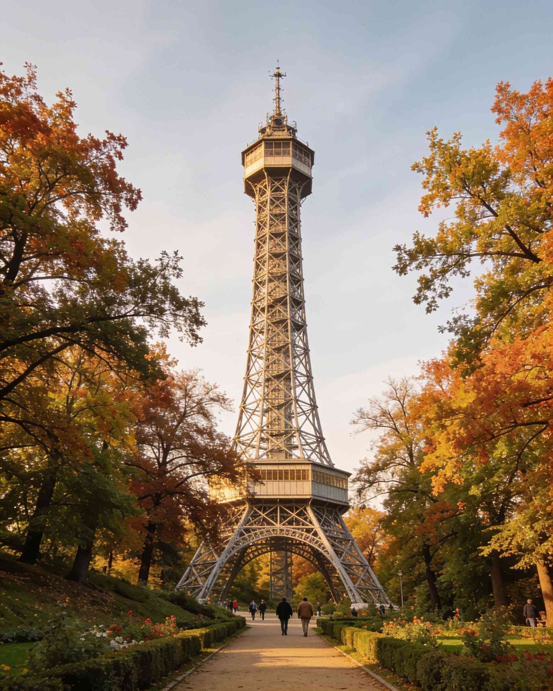 The steel lattice Petřín Lookout Tower rising above autumn trees at the end of a garden path