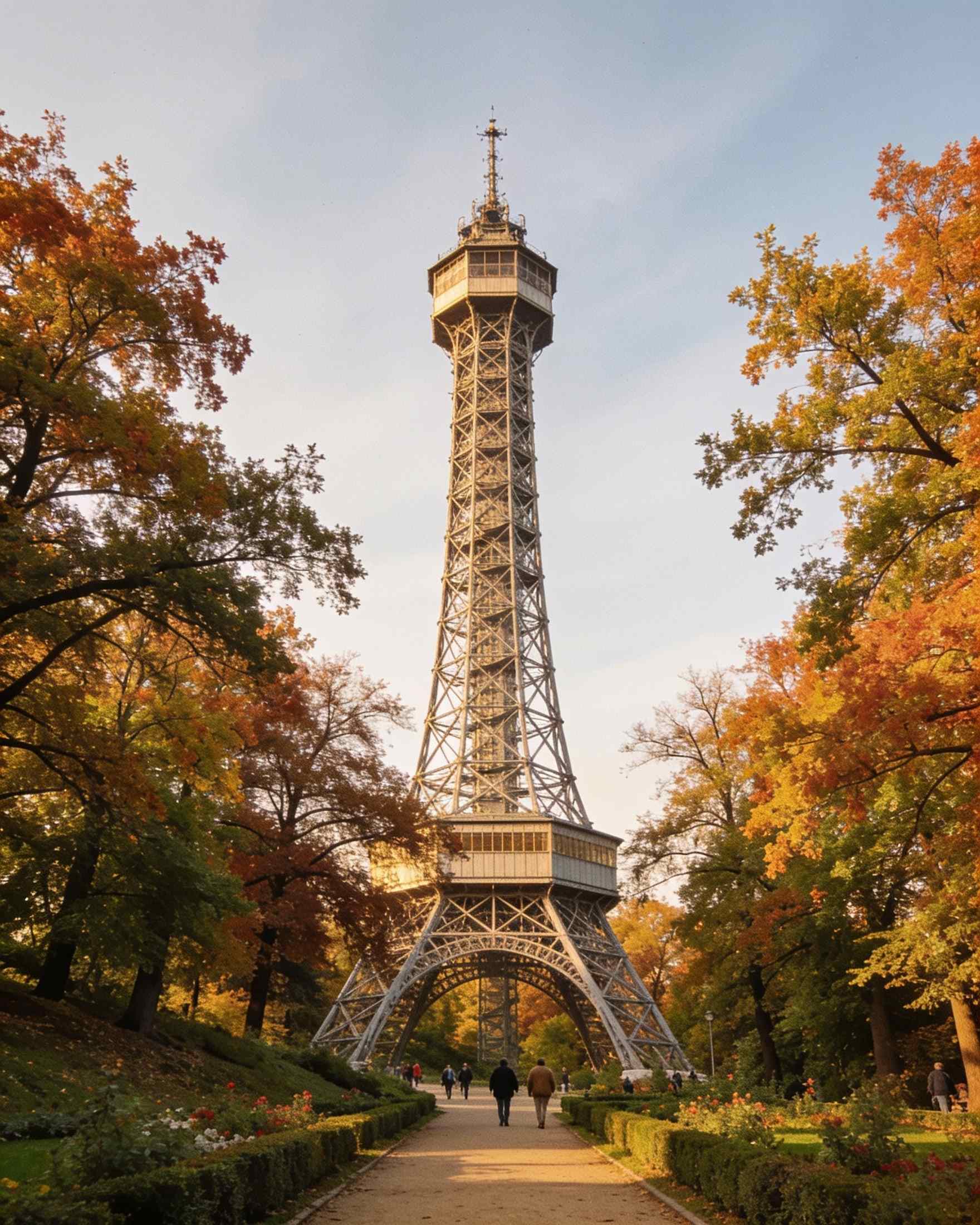 The steel lattice Petřín Lookout Tower rising above autumn trees at the end of a garden path
