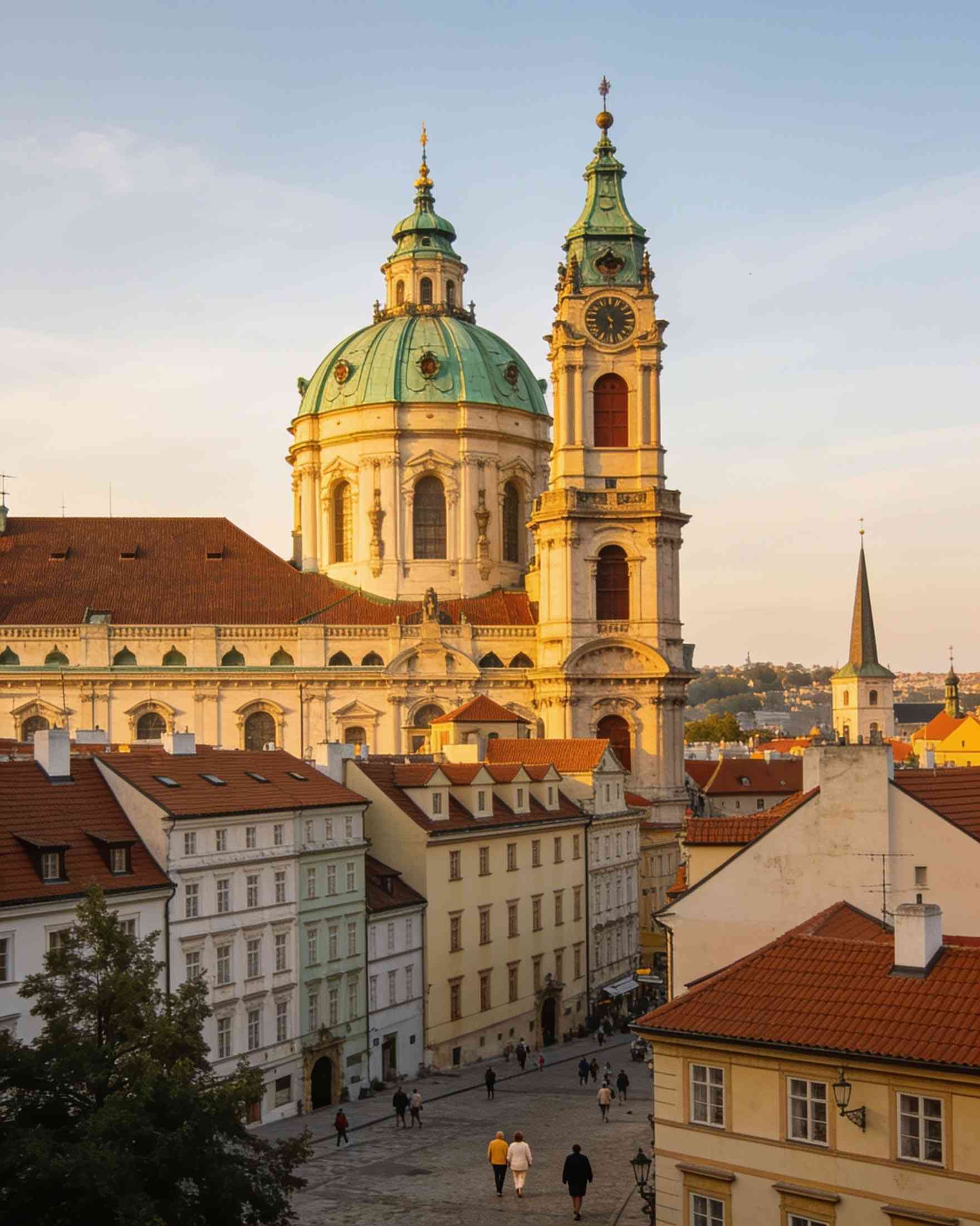 The green dome and bell tower of St Nicholas Church above the houses of the Lesser Town