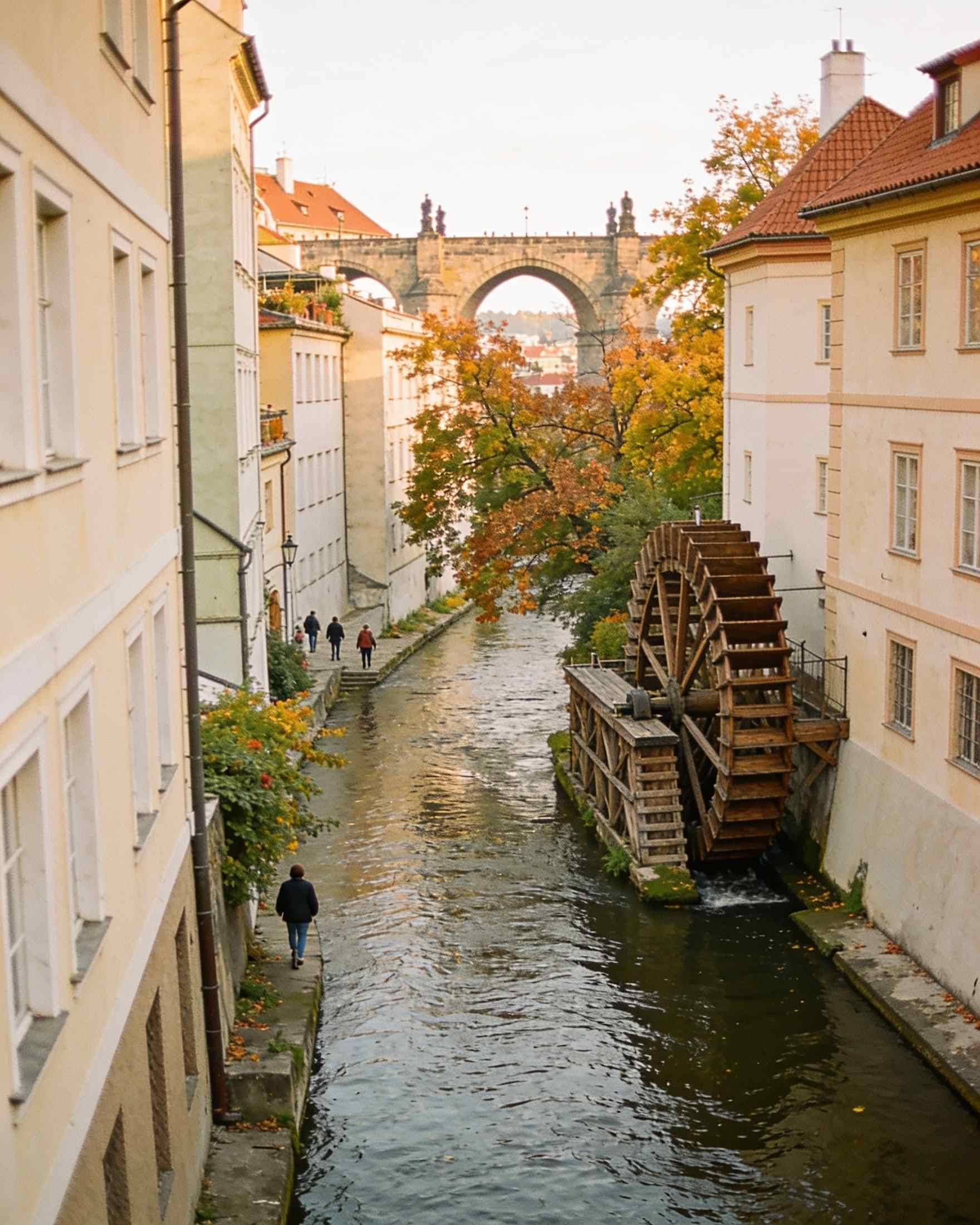 The Devil's Stream on Kampa with an old water wheel, autumn trees and the arches of Charles Bridge behind