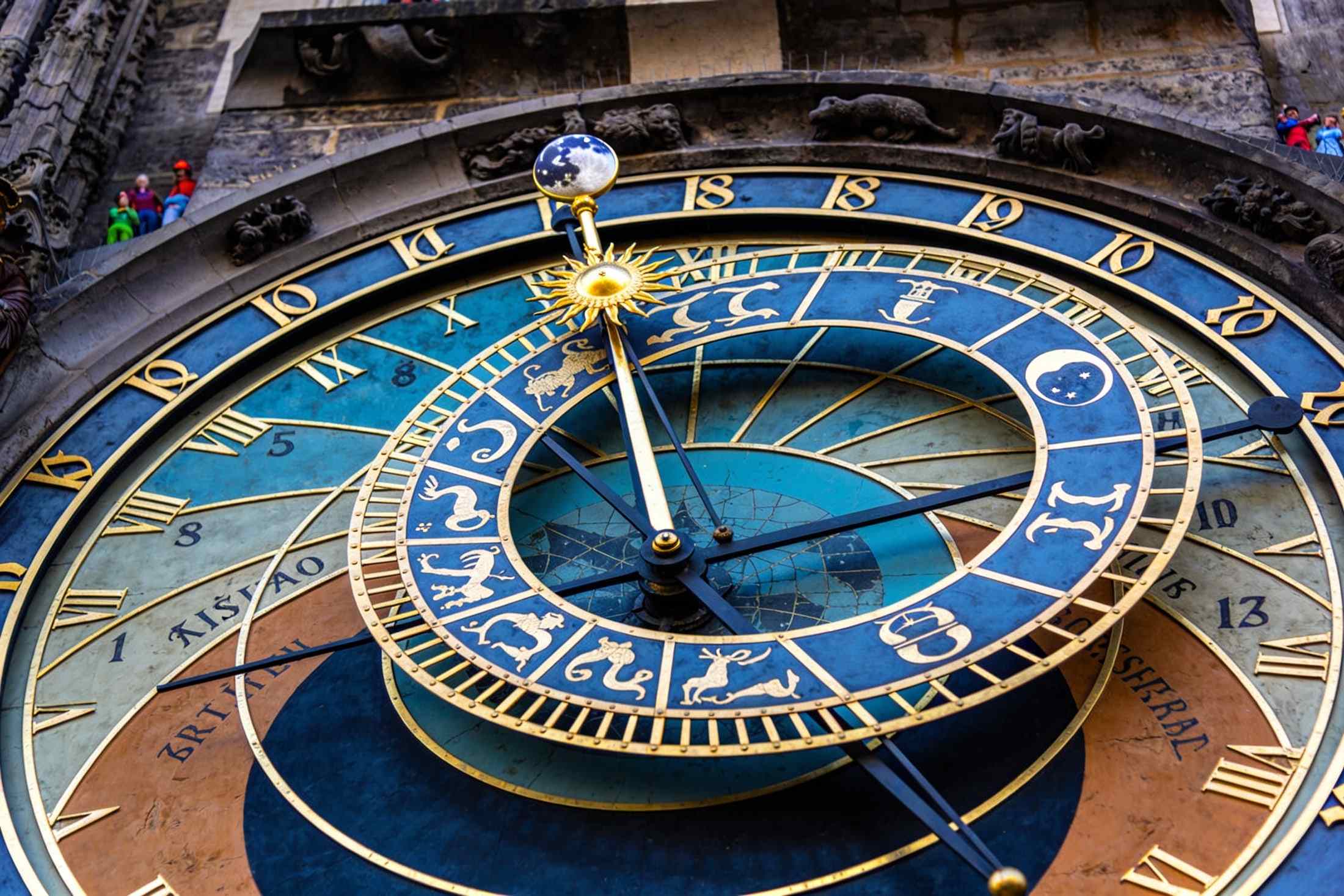 A close-up of the Astronomical Clock's dial with the golden sun, the moon and the zodiac ring