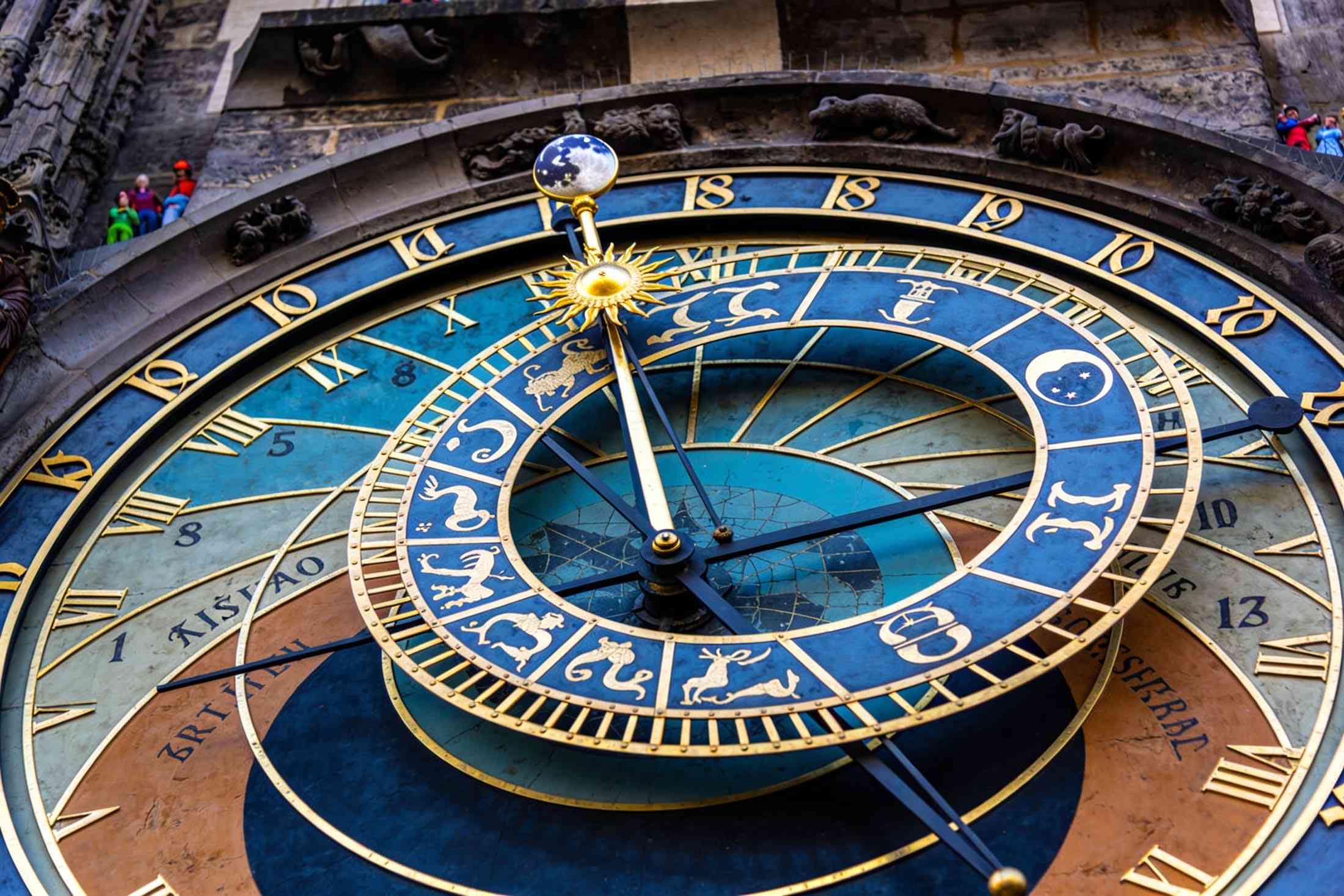 A close-up of the Astronomical Clock's dial with the golden sun, the moon and the zodiac ring
