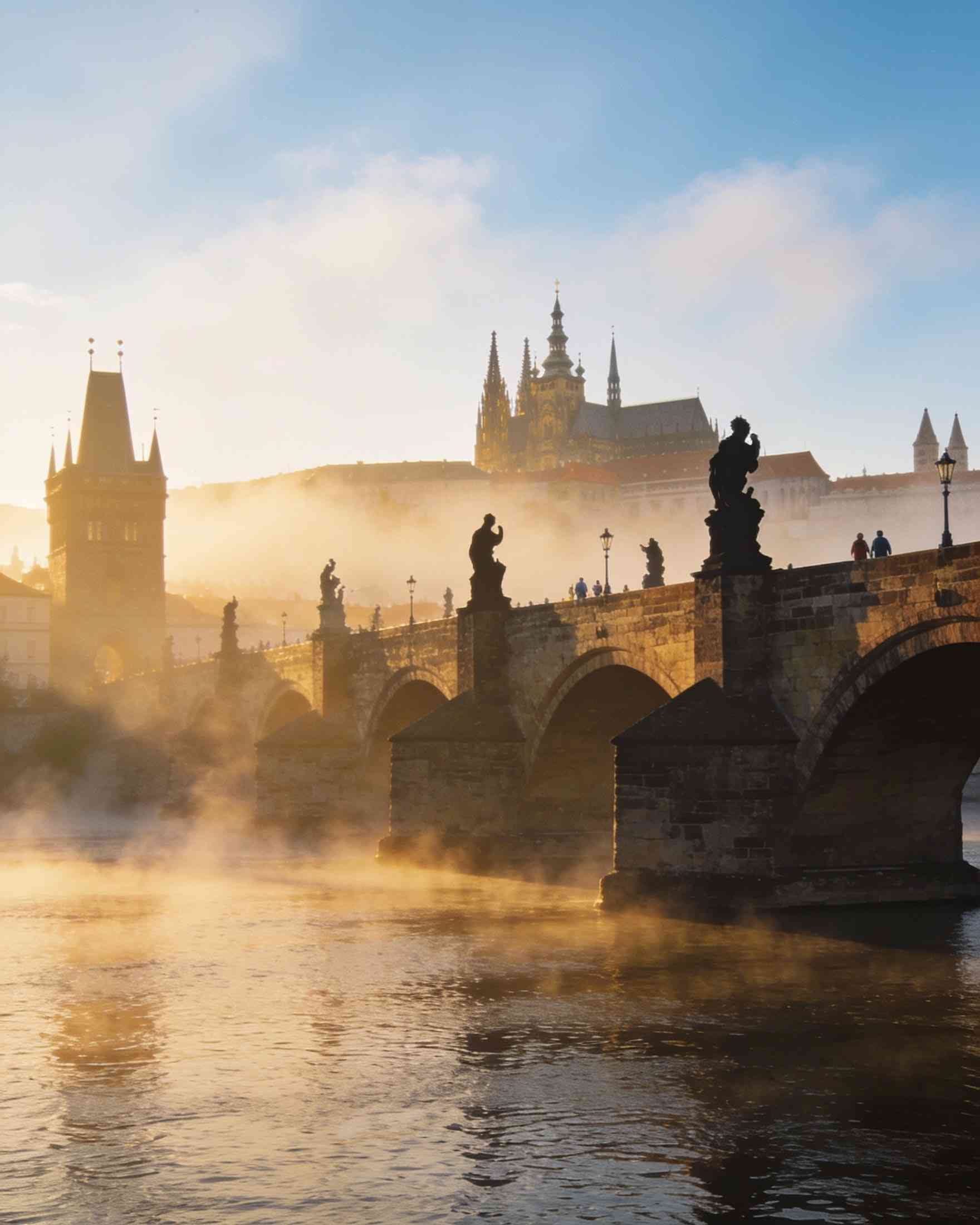 Charles Bridge at sunrise, its statues dark against the mist, with the bridge tower and the castle on the hill behind