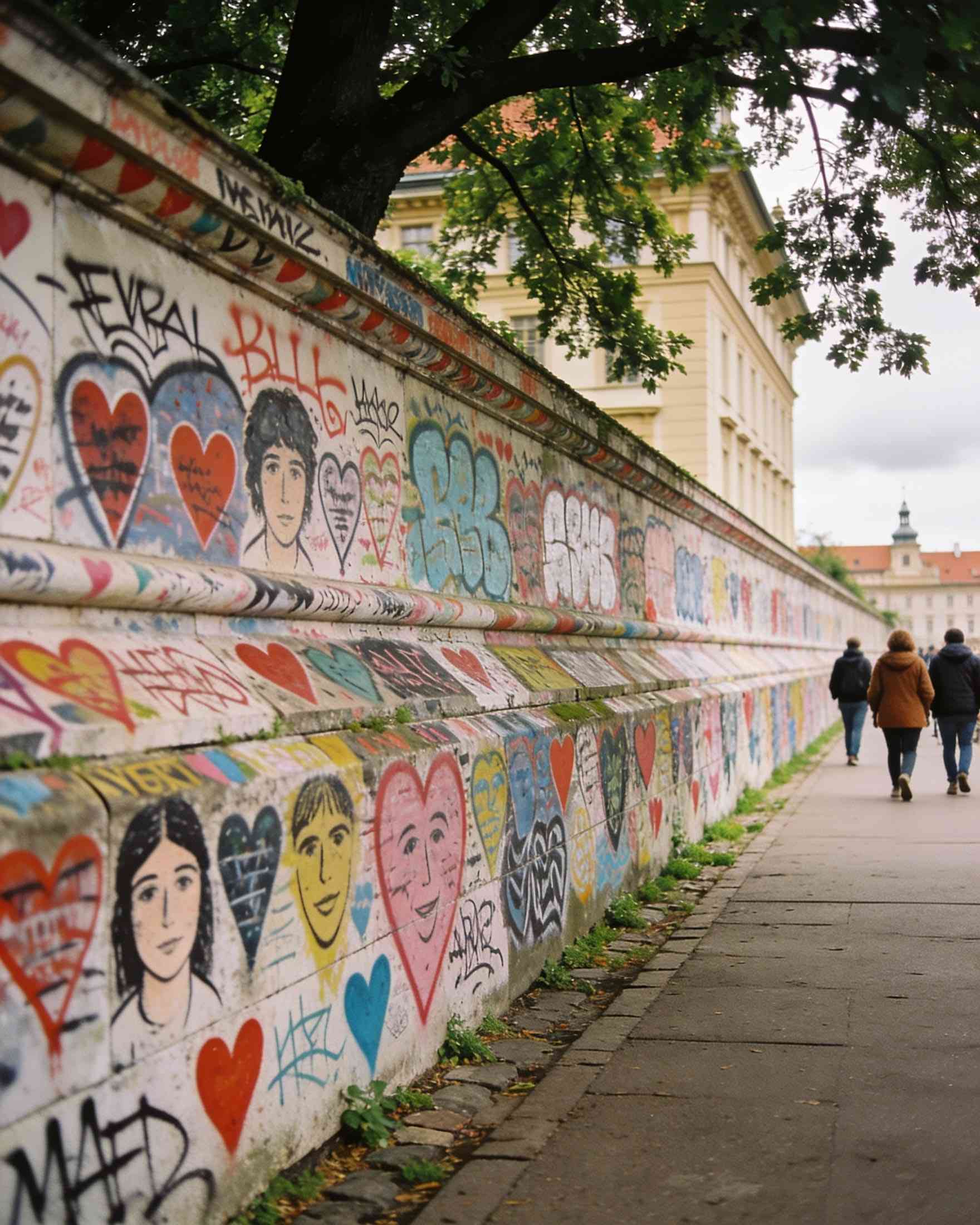 The Lennon Wall covered in painted hearts, faces and messages under a tree
