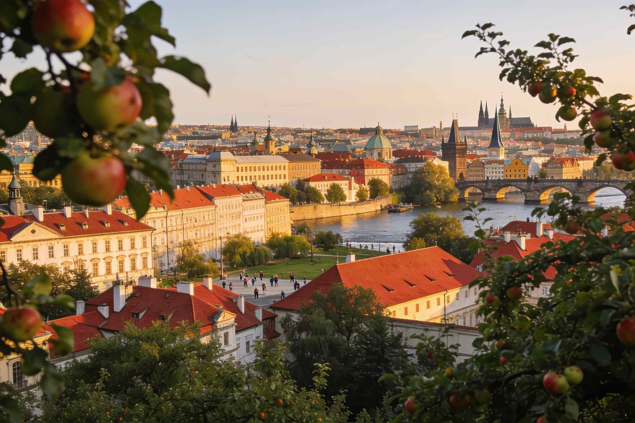 The view from the orchards of Petřín over the red roofs of the Lesser Town to the river and its bridges