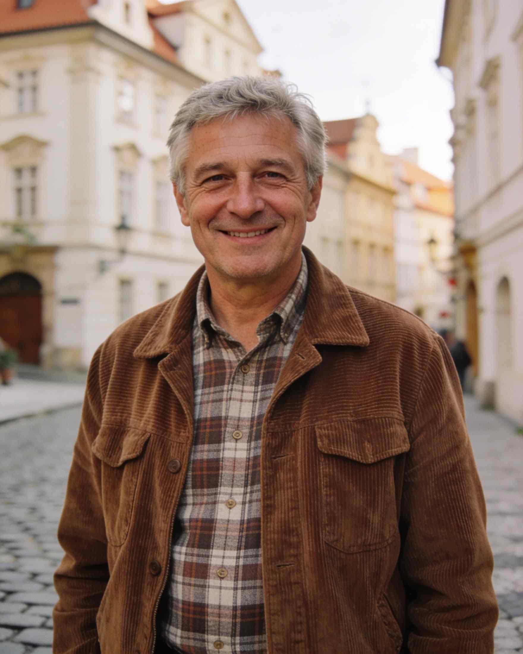 Jakub Sedláček in a corduroy jacket and checked shirt on a cobbled street