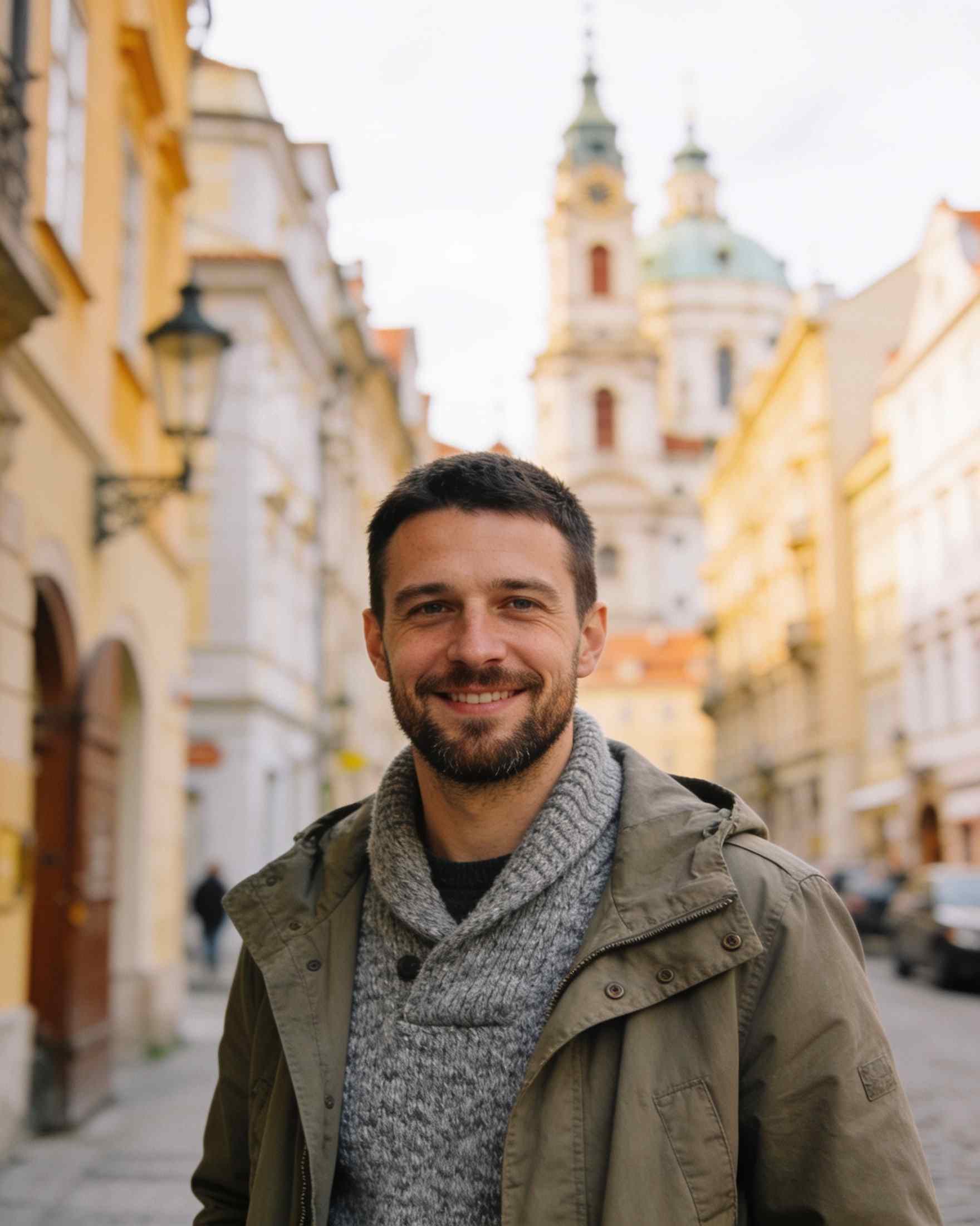 Marek Holub smiling in an olive jacket in a Lesser Town street, St Nicholas Church behind